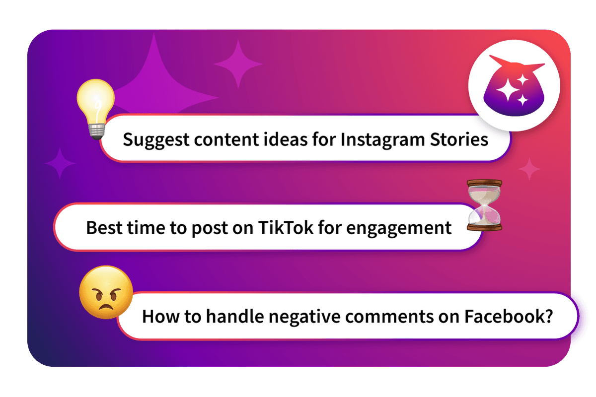 Three social media search queries with platform icons showing Instagram Stories ideas, TikTok posting times, and Facebook comment management