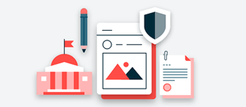 Illustration of content creation tools with pencil, shield icon, and document cards in coral red and navy blue colors